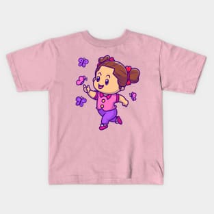 Cute Girl Playing With Butterfly Cartoon Kids T-Shirt